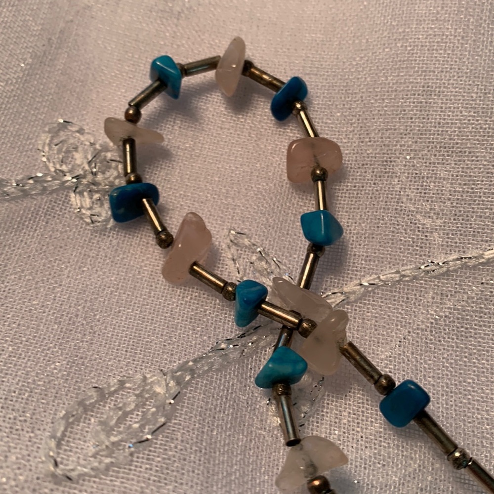 Necklace silver turquoise rose quartz stones 16”